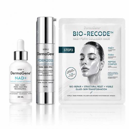 DermaGene® Clinical Longevity 3-Step Skin Renewal System – NAD+ sérum, PDRN regenerační krém a Bio-kolagenový týdenní obnovující maska