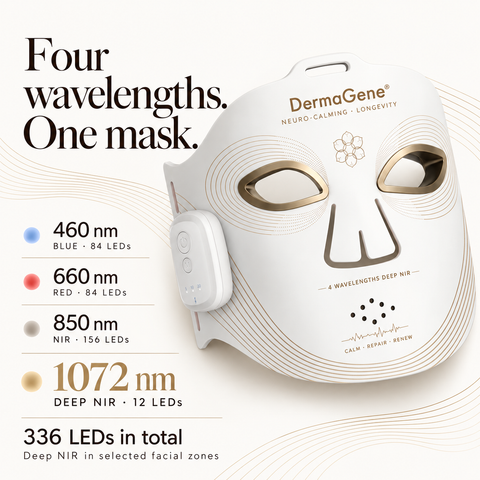 NeuroCalm wavelength configuration: 84 blue 460 nm LEDs, 84 red 660 nm LEDs, 156 near-infrared 850 nm LEDs and 12 Deep NIR 1072 nm LEDs.