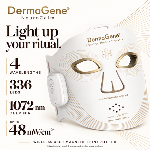DermaGene NeuroCalm: four wavelengths, 336 LEDs, 1072 nm Deep NIR and up to 48 mW/cm² in mixed mode at level 3.